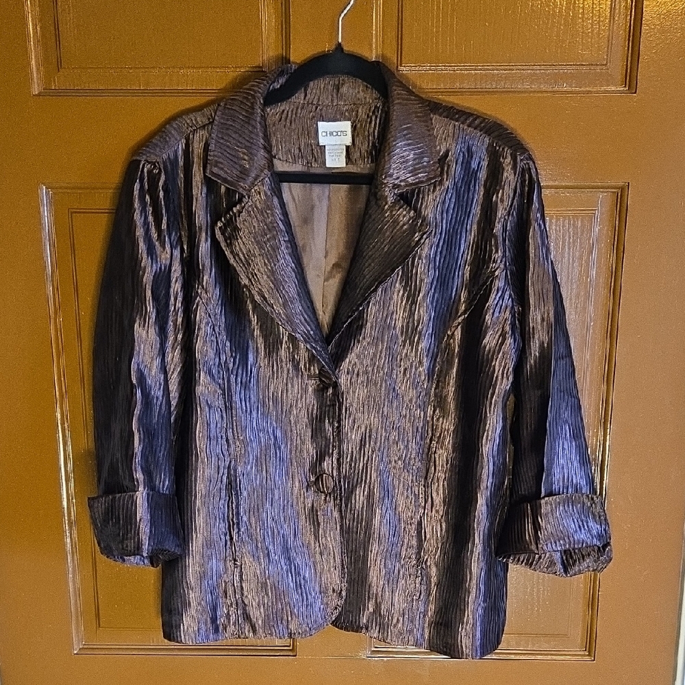 Chico's-Chocolate shiny light Jkt/top with 3/4 cuff sleeves Sz L.
